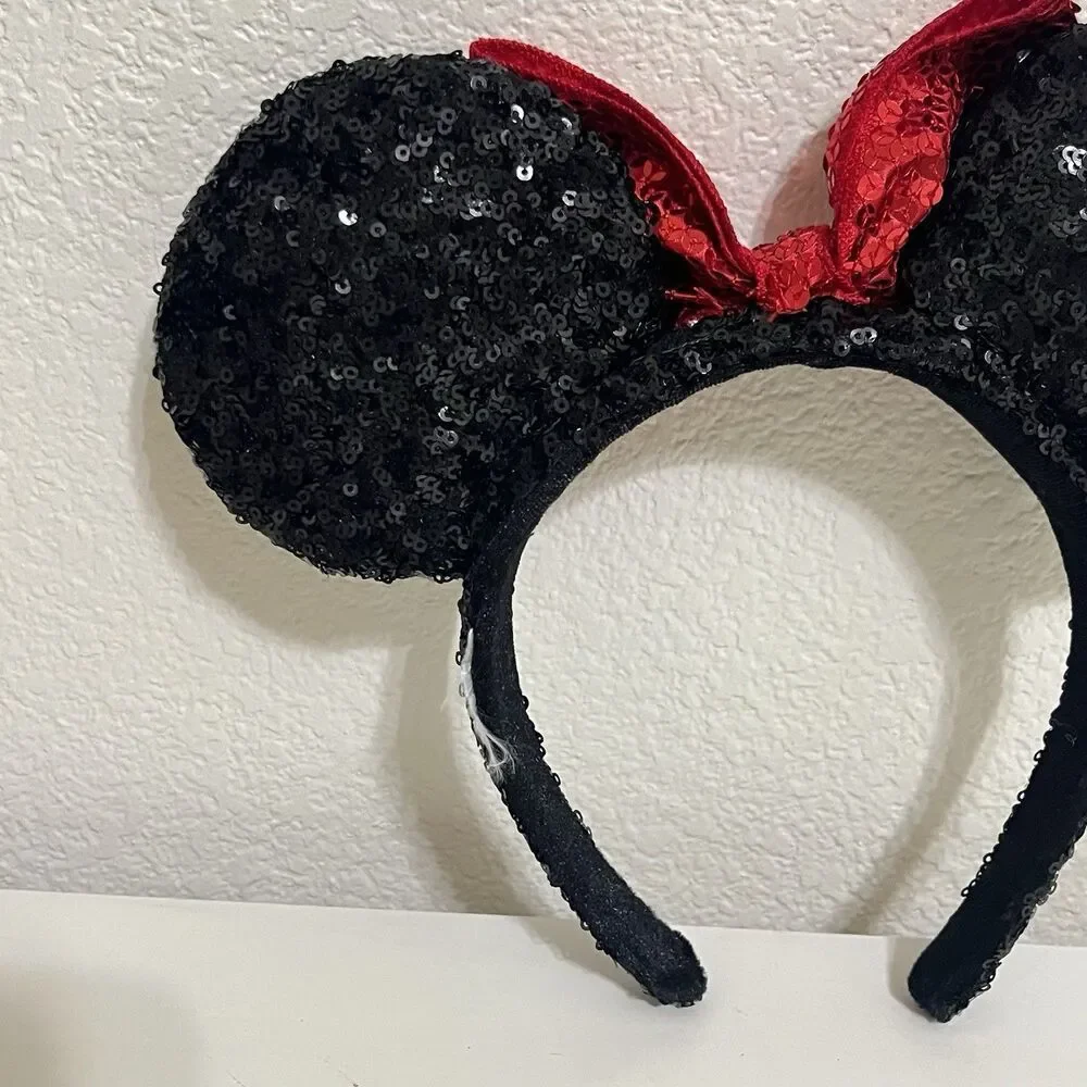 Disney Parks Minnie Mouse Black Sequin Red Bow Sequin Ears Headband